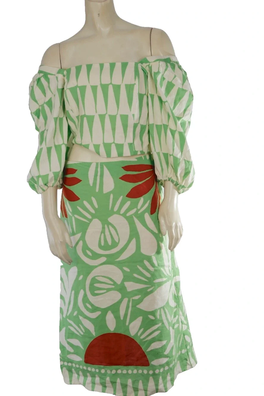 Maison D'Amelie 2pc Matching Set Green Abstract Print Crop Top & Midi Skirt Sz S
